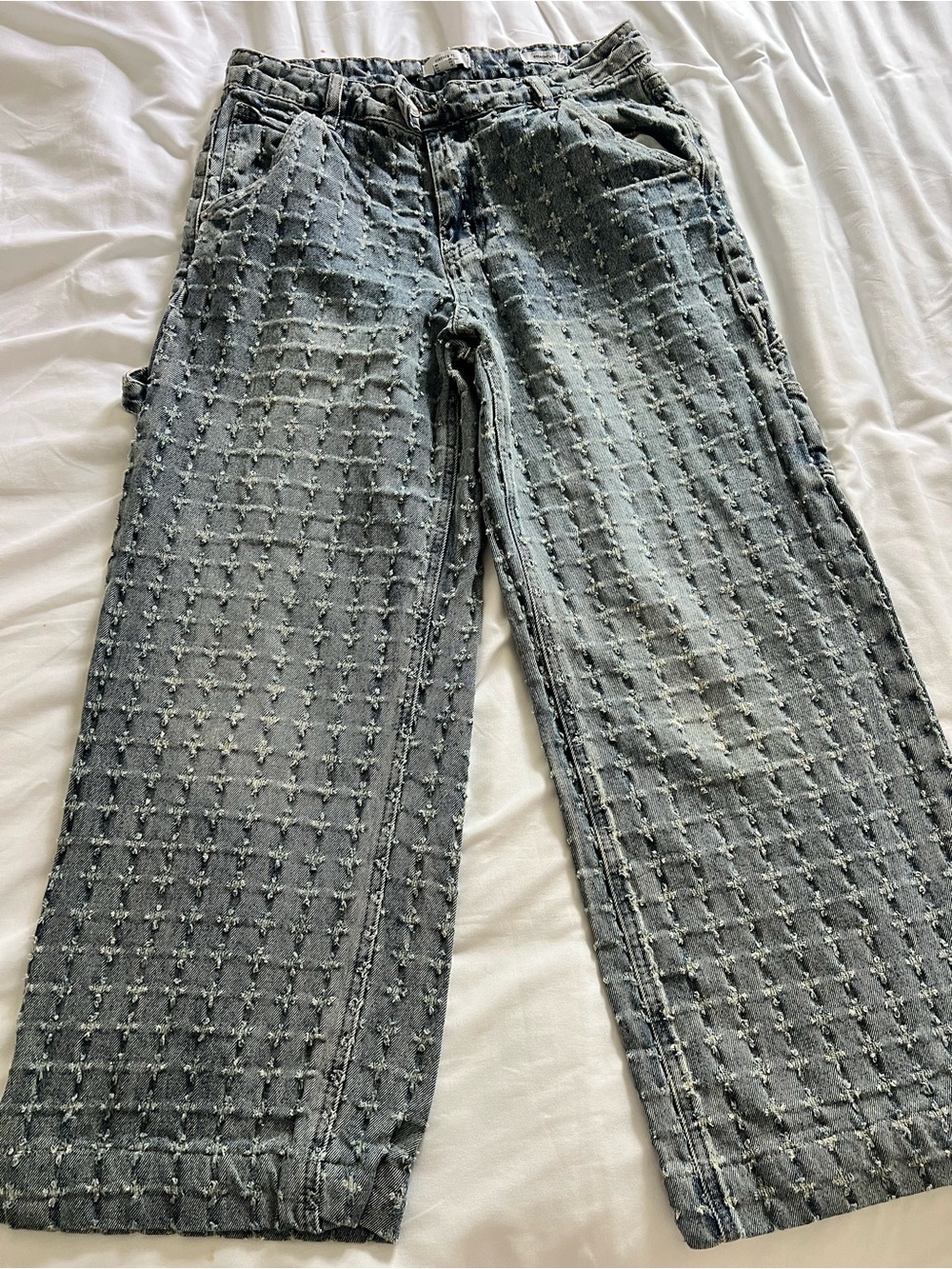 Forever 21 Women’s Gray Grid-Textured Wide-Leg Straight Jeans Size 28